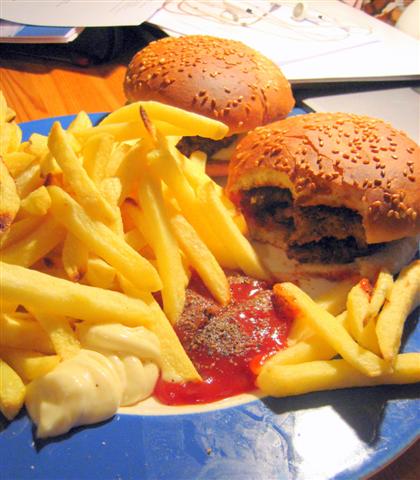 Greasy meat-free burger and fries